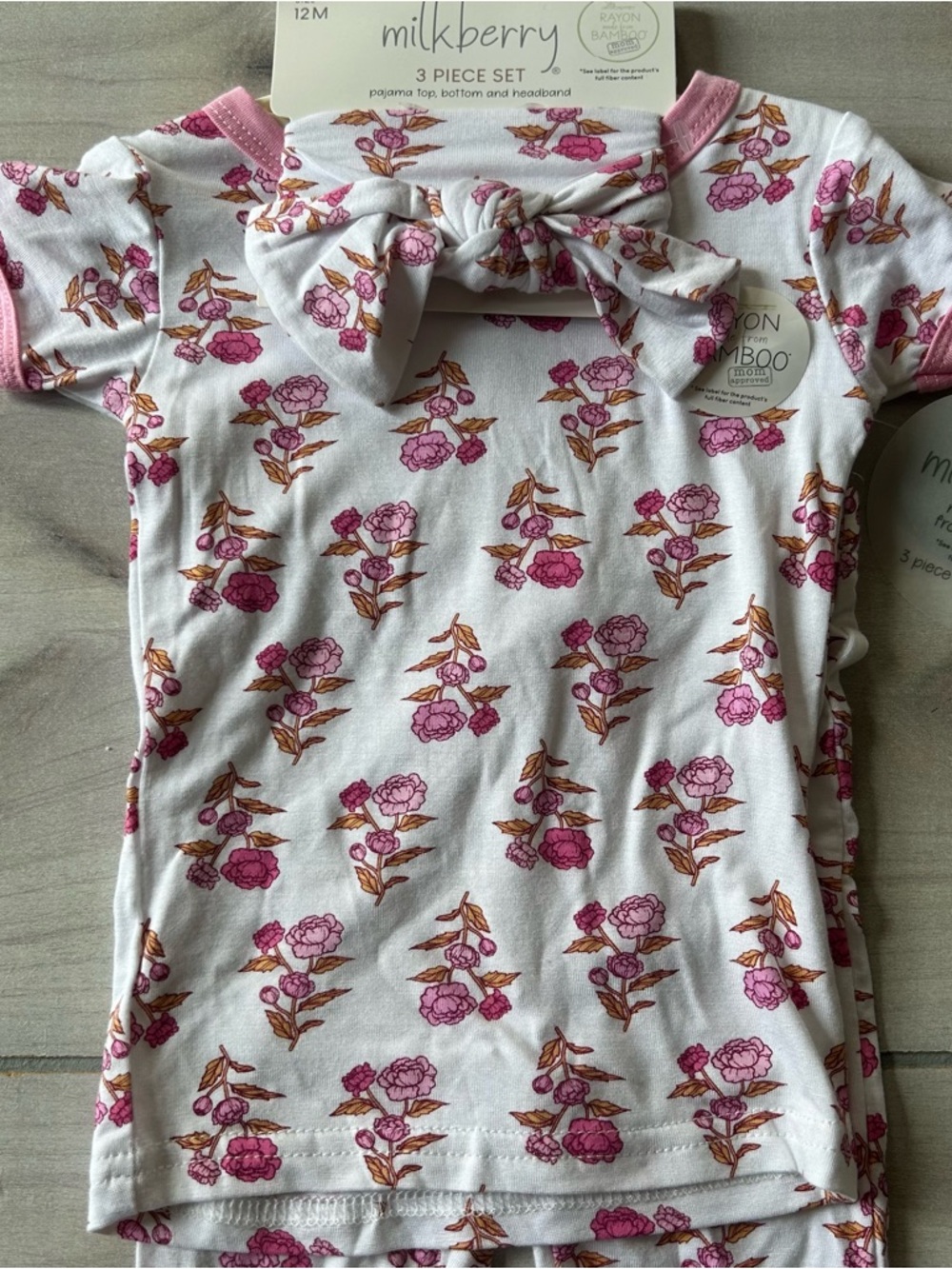 NWT Milkberry Pink Floral Rayon Made from Bamboo Kids Three Piece Pajama Set - Picture 2 of 4